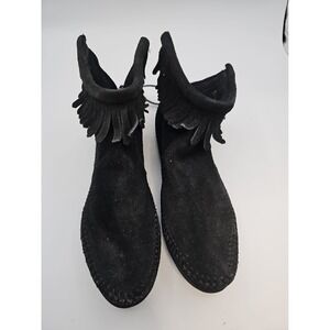 Minnetonka Black Suede Fringe Ankle Boots Womens 6.5 NWOB Western Boho